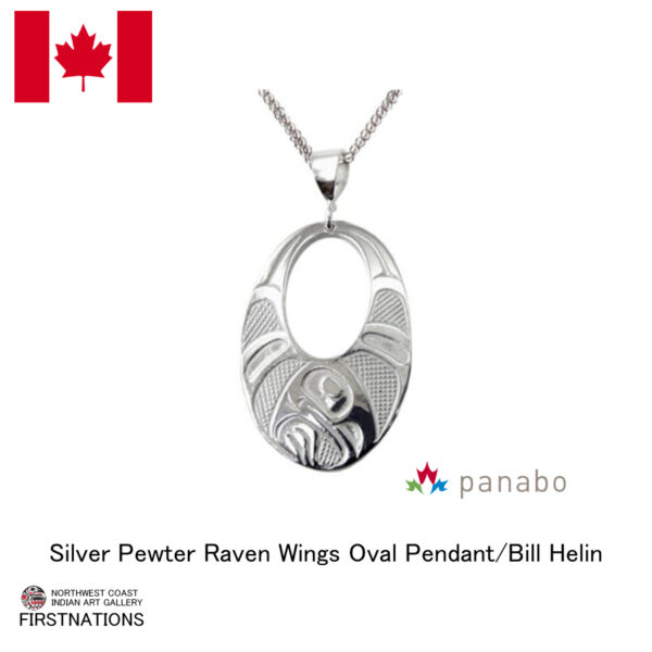 カナダ インディアン ジュエリー ペンダント シルバーピューター アクセサリー オーバル  Bill Helin  Raven Wings レイブン ワタリガラス シルバーチェーン付