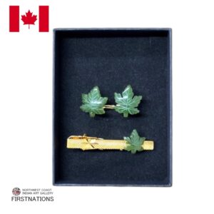 カナディアン アクセサリー ネクタイピン カフス 【 翡翠 金メッキ 】 カナダ 旅行 の お土産 にどうぞ カナダ翡翠 セットカエデ形1