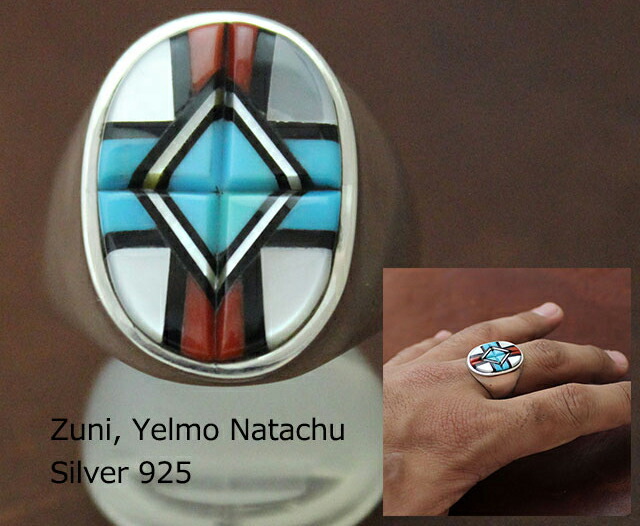 インディアン ジュエリー リング 指輪 ネイティブ アメリカン ZUNI ズニ族 Yelmo Natachu ターコイズ インレイ リング 26号