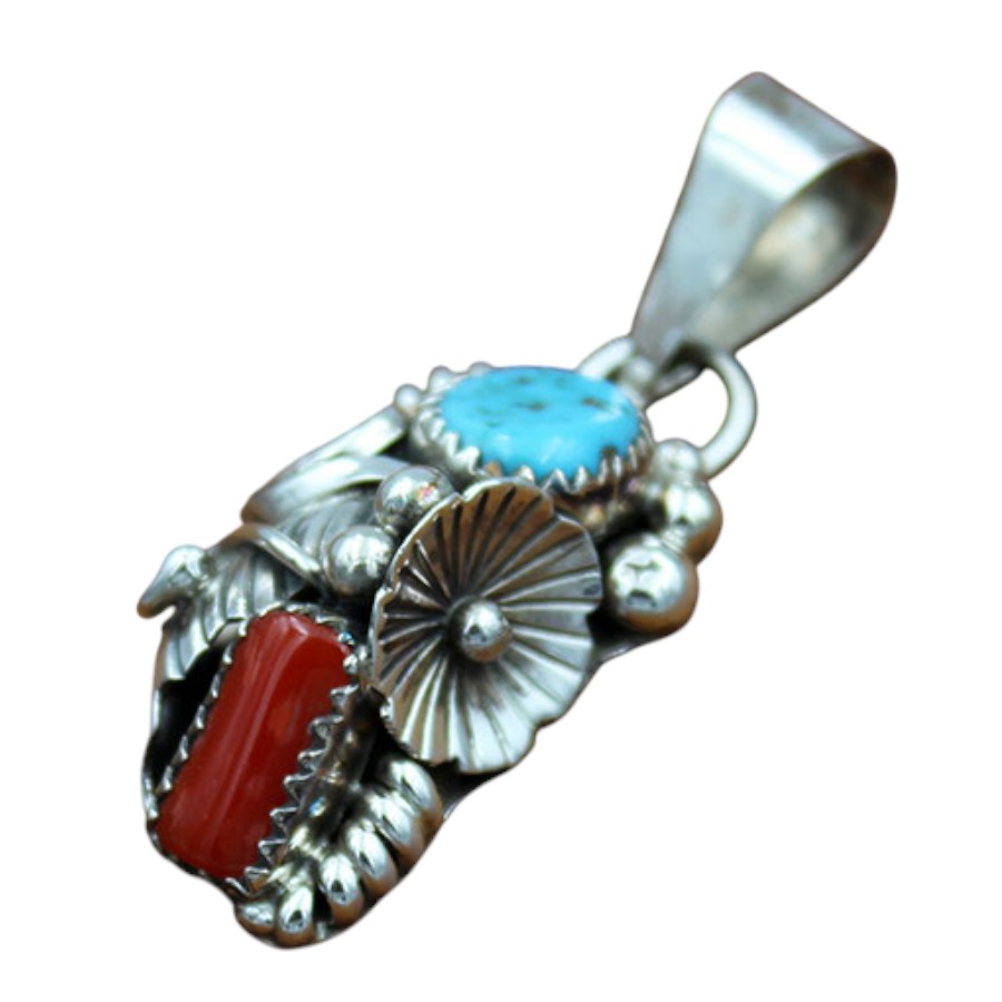 インディアン ジュエリー ペンダント ネイティブアメリカン NAVAJO ナバホ族 Max Calladitto シルバー 925 ターコイズ コーラル ペンダントトップ - 画像 (2)