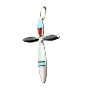 インディアン ジュエリー ペンダント ネイティブアメリカン ZUNI ズニ族 Lynette Bowannie マルチシェル ターコイズ インレイ クロスペンダントB