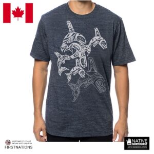インディアンアート Tシャツ  メンズ MENS カナダ 先住民 ネイティブ デザイン Orca シャチ Family ヘザーネイビー S-XL ティーシャツ